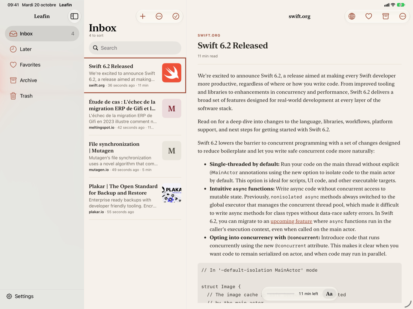 Les trois colonnes de Leafin sur iPad